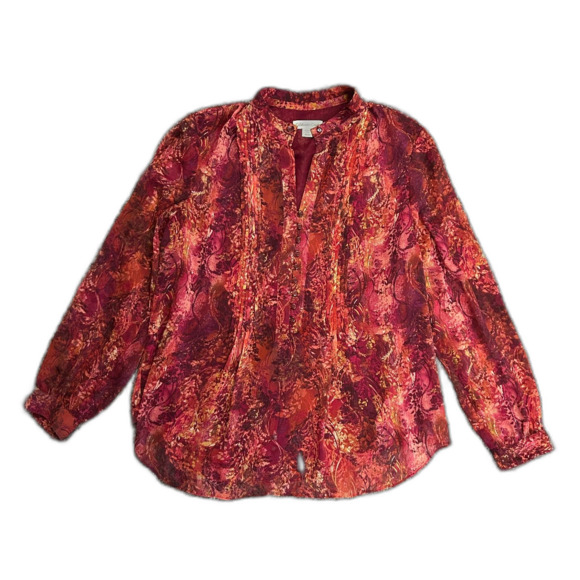 Coldwater Creek NWOT Burgundy Pink Abstract Sheer Pleated Button-up LS Tunic XL - Picture 2 of 13